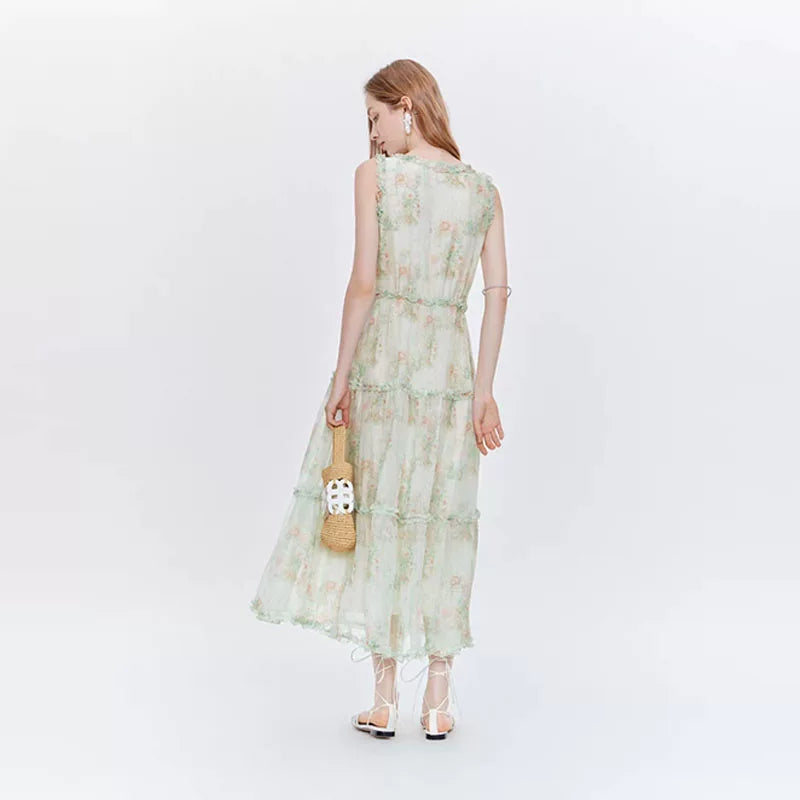 繊細花柄シフォンVネックティアードロングドレス