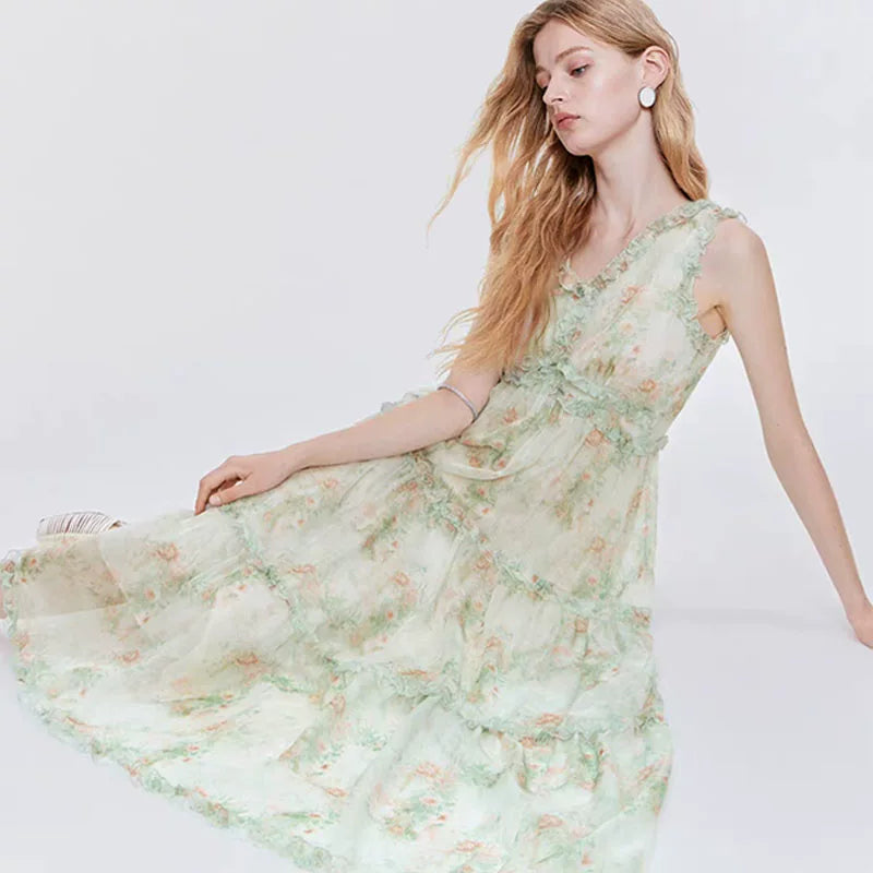 繊細花柄シフォンVネックティアードロングドレス