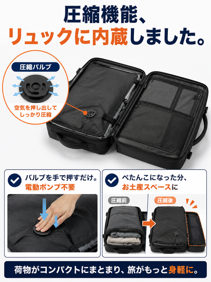 荷物が半分になる 圧縮式トラベルリュック
