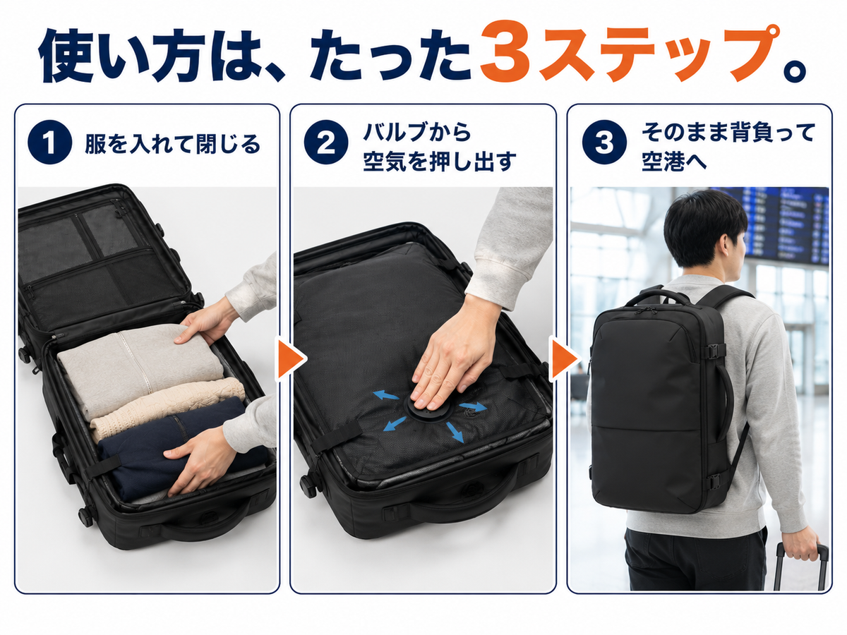 荷物が半分になる 圧縮式トラベルリュック