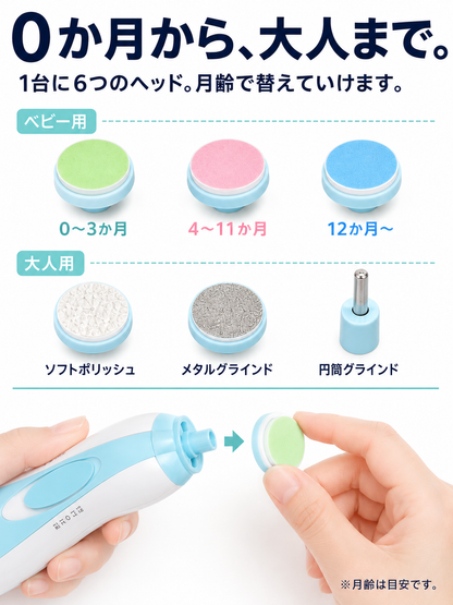 新生児から使える 電動ベビー爪やすり 6ヘッド付き