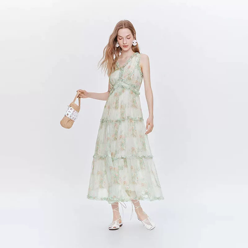 繊細花柄シフォンVネックティアードロングドレス