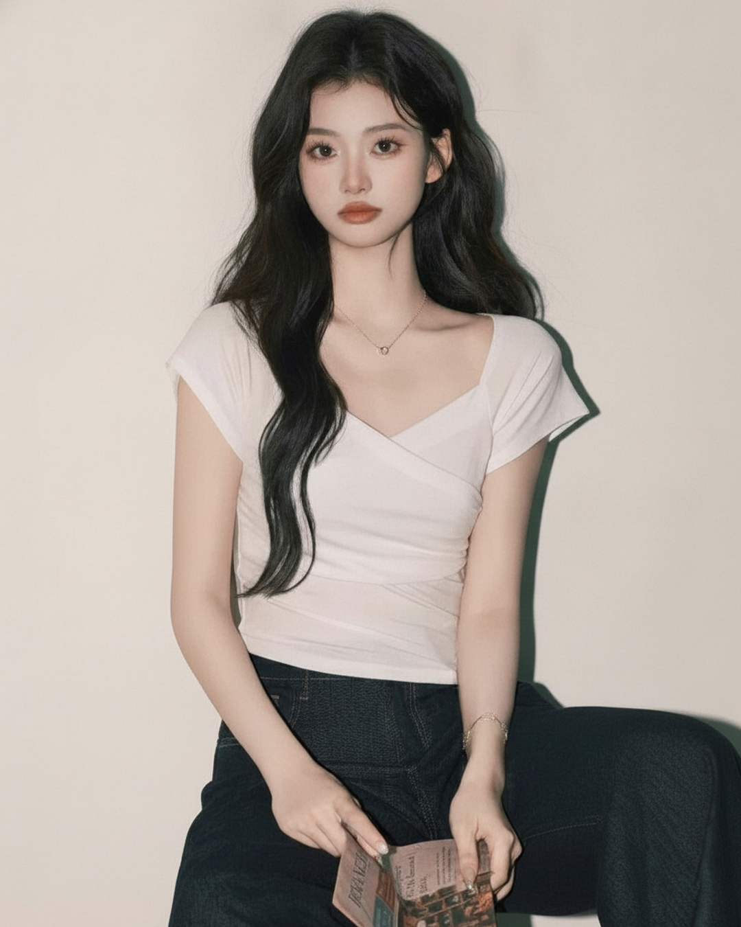 韓国シックホワイトVネック半袖Tシャツ