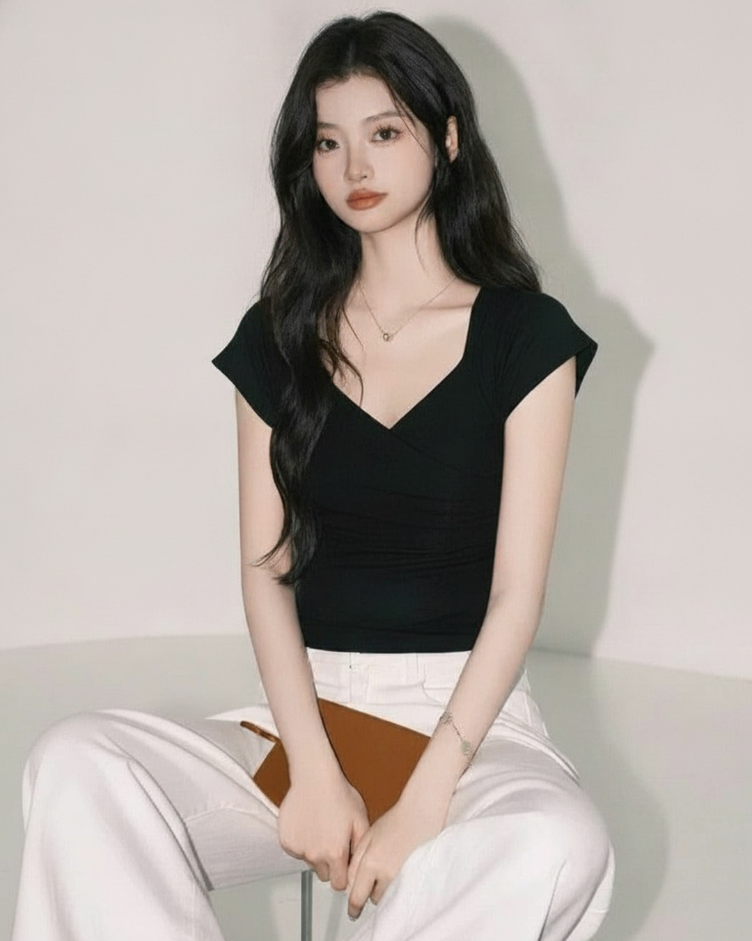 韓国シックホワイトVネック半袖Tシャツ